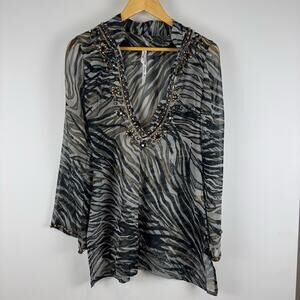 Ocean Breeze Sequin Zebra Print Beaded Women's Bathing Suit Cover Up ~ M